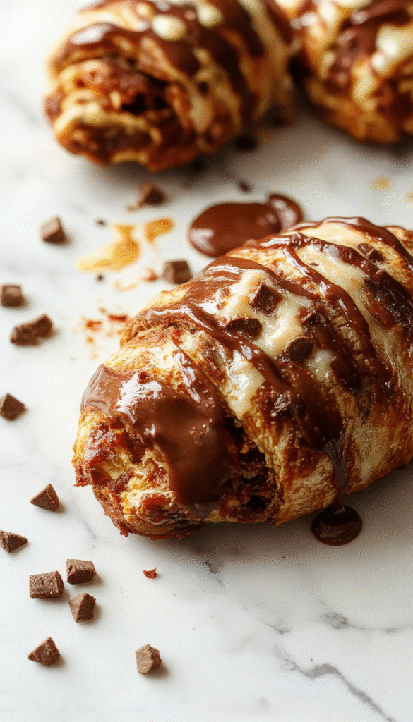 A close-up of a golden-brown breakfast bake filled with melted chocolate and flaky croissant layers, topped with powdered sugar and garnished with fresh strawberries, beautifully plated on a rustic white dish with a wooden background.