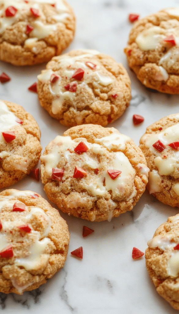 Close-up of a festive plate showcasing chewy maple cookies dipped in smooth white chocolate, decorated with a dusting of red and green sprinkles, set against a holiday-themed background with pine branches and twinkling lights, emphasizing the glossy chocolate coating and soft texture of the cookies.