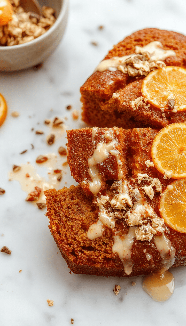 A slices of moist pumpkin bread topped with golden orange streusel crumbs and drizzled with a shiny orange glaze. The bread is displayed on a rustic wooden board with a light dusting of powdered sugar, with fresh orange slices and pumpkin seeds garnishing the scene. Bright, warm tones highlight the vibrant orange and deep brown textures, styled with a casual yet inviting presentation.