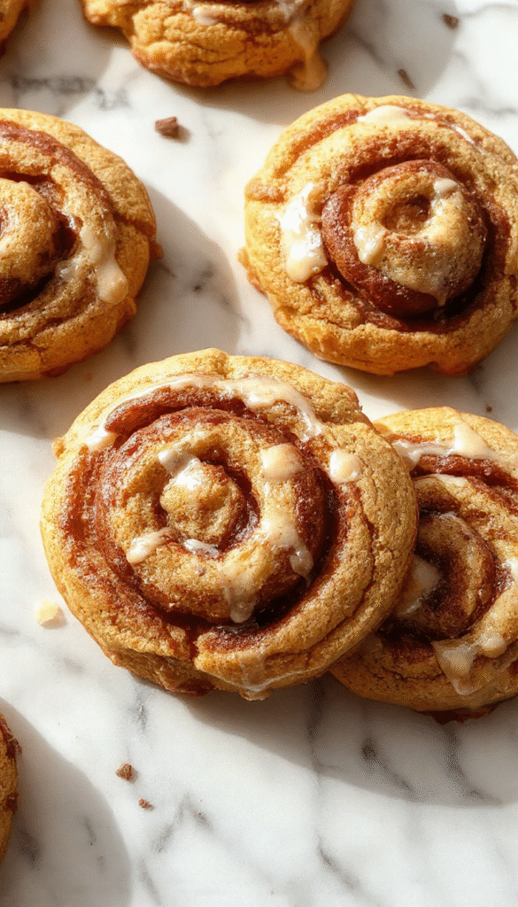 A close-up of golden-brown cinnamon roll cookies with swirls of cinnamon filling, topped with a drizzle of glaze, arranged on a rustic wooden platter with a cozy, inviting background.