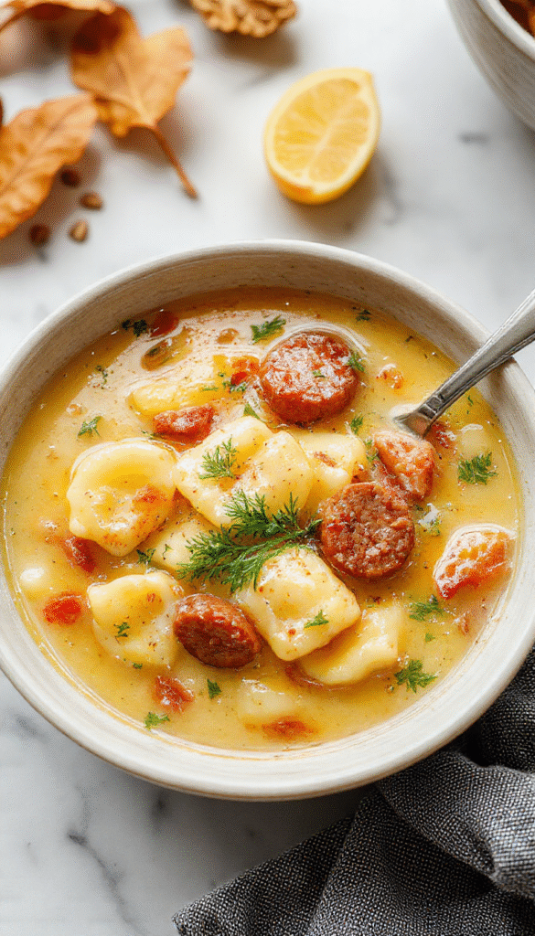 A vibrant bowl of autumn tortellini soup with sausage showing plump tortellini, browned sausage crumbles, and fresh herbs on top, all in a rustic white bowl on a wooden table, with a warm, inviting atmosphere and fall-themed accents.