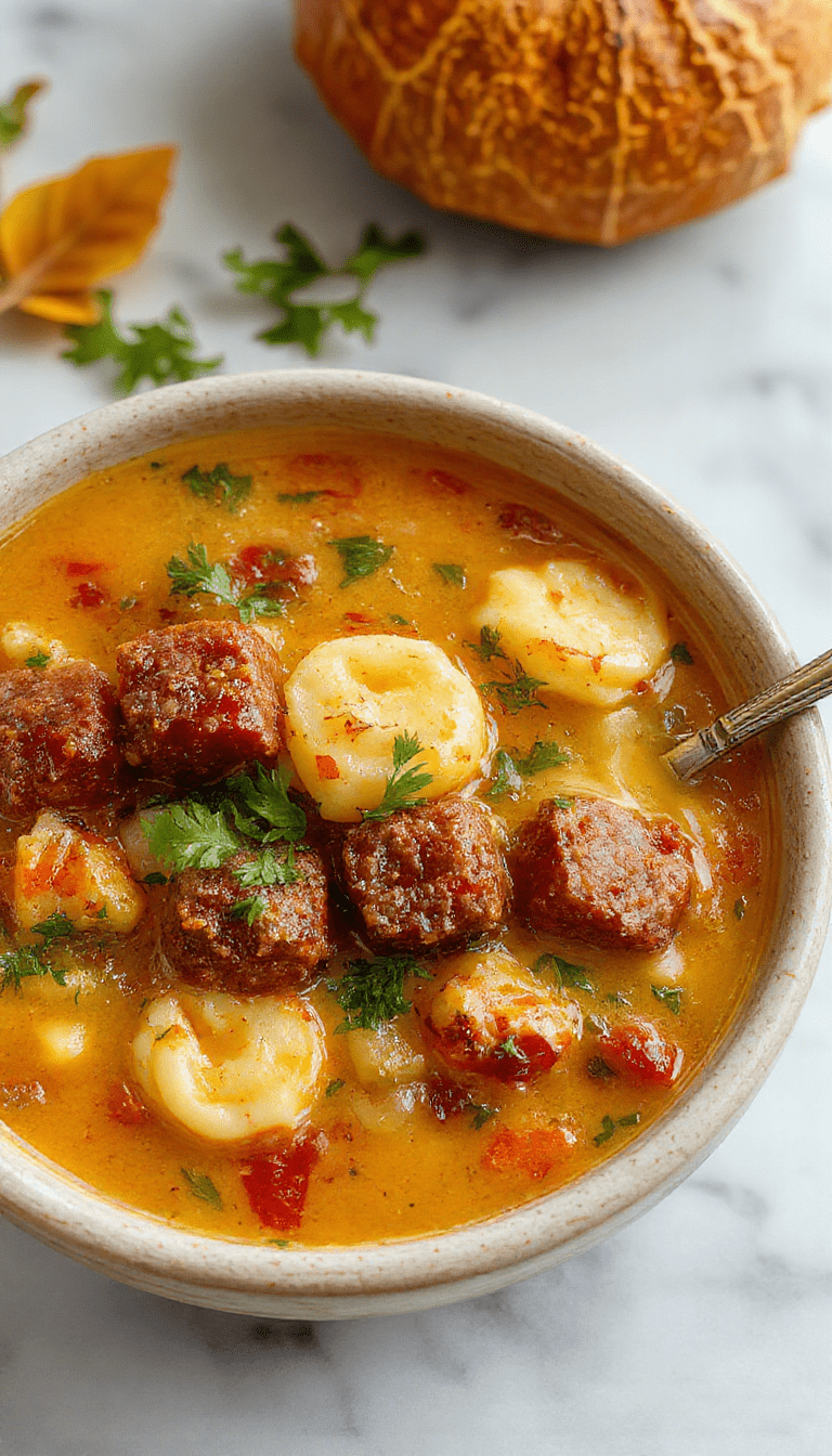 A warm bowl of autumn tortellini soup garnished with fresh herbs and slices of sausage. The soup has a rich broth with colorful vegetables, topped with grated cheese, served on a rustic wooden table with autumn foliage in the background.