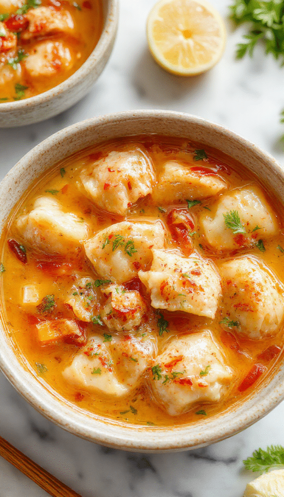 A vibrant bowl of potsticker soup featuring golden-brown dumplings floating in a steaming, clear broth garnished with chopped green onions and cilantro, surrounded by fresh ingredients on a rustic wooden table.