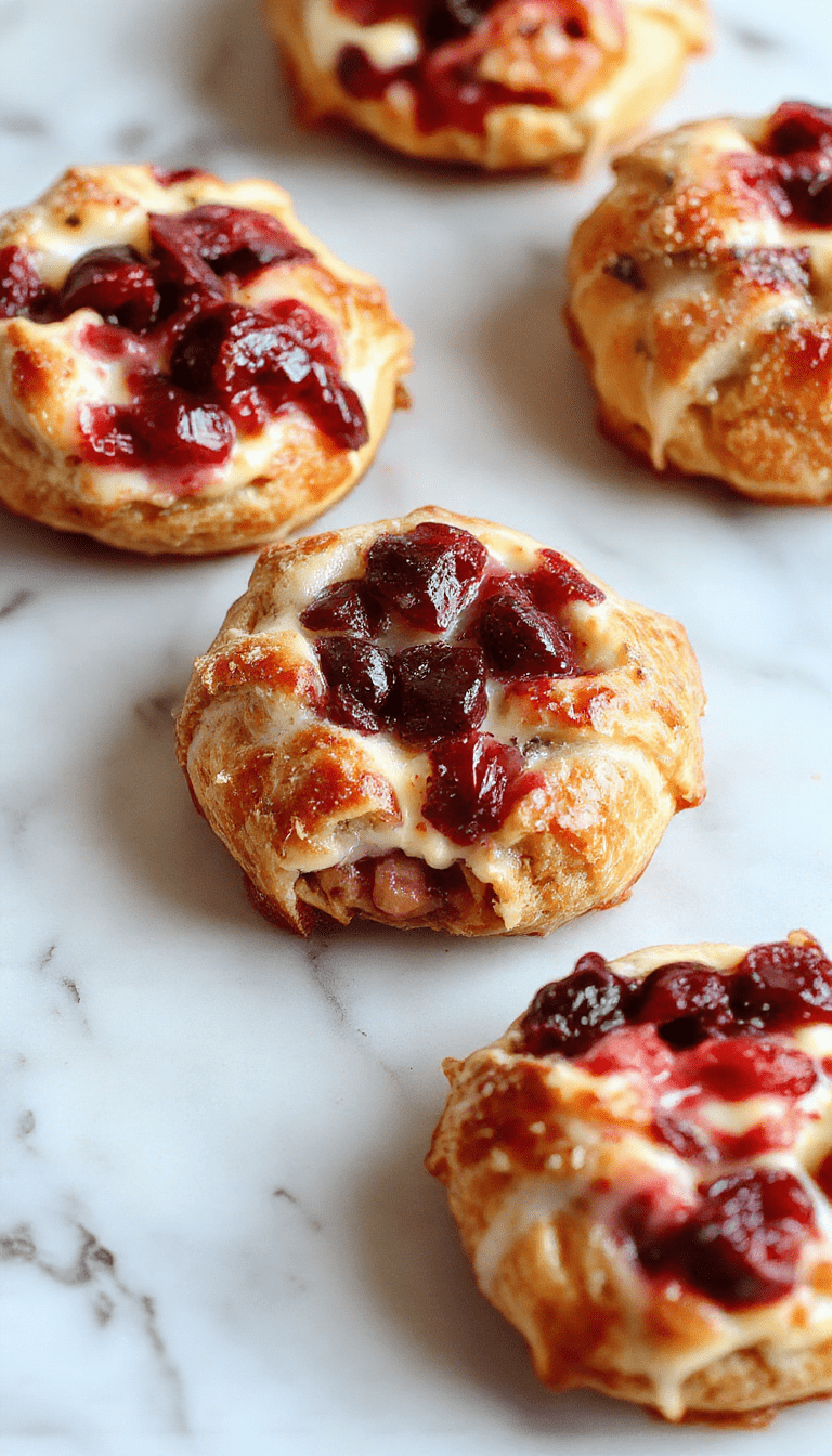 Close-up of golden-brown crescent-shaped pastries filled with vibrant red cranberry and creamy white cheese, topped with a dusting of powdered sugar, arranged on a rustic wooden platter garnished with fresh cranberries and mint leaves, styled with autumn-themed decor in warm lighting.