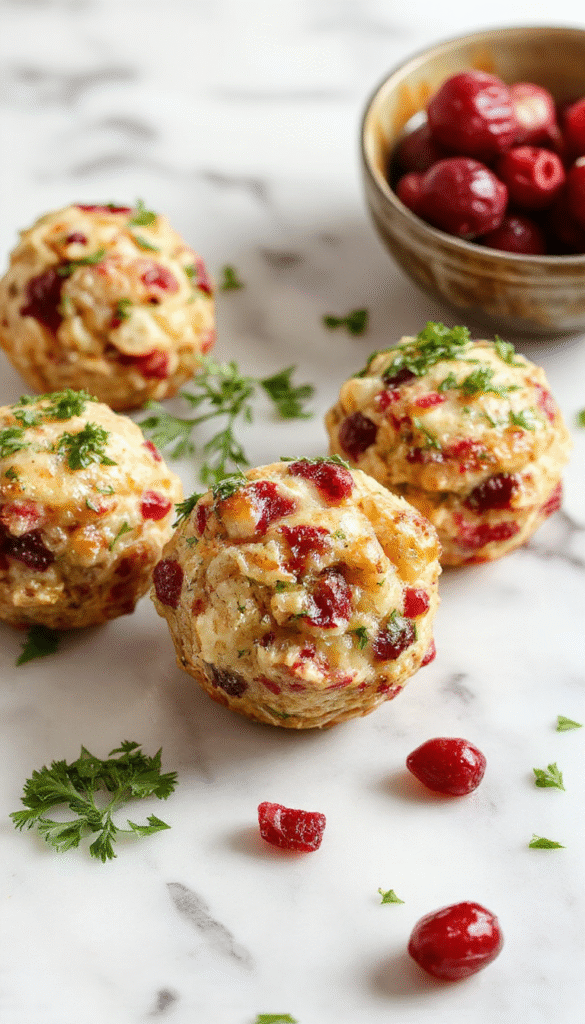 Colorful cranberry turkey stuffing balls arranged on a white plate with a festive backdrop, showcasing golden-brown exterior, vibrant red cranberries, and tender stuffing inside, garnished with fresh herbs.