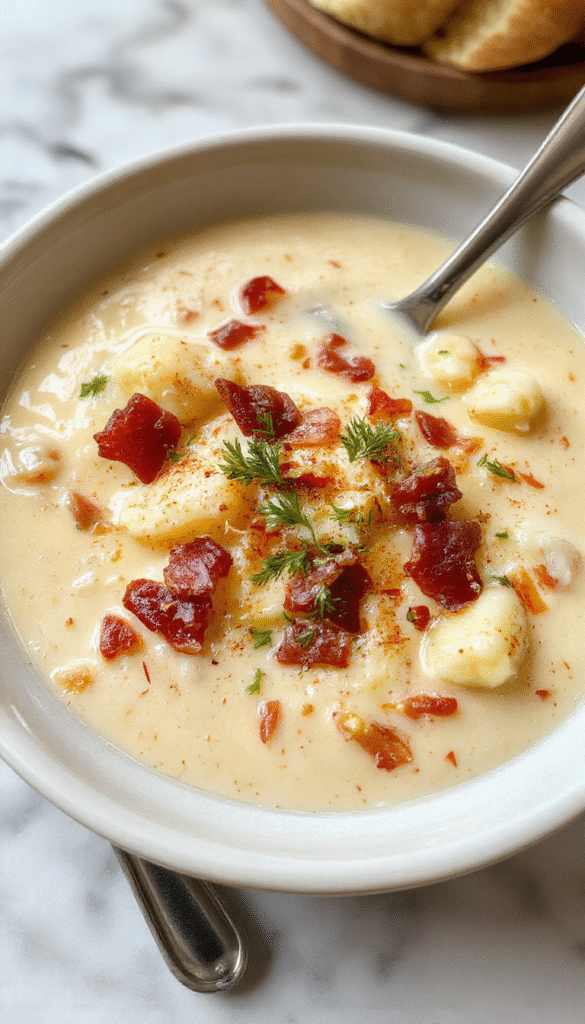 A steaming bowl of creamy bacon cheddar gnocchi soup garnished with crispy bacon bits, shredded cheddar cheese, and fresh herbs, served in a rustic white bowl on a wooden table.
