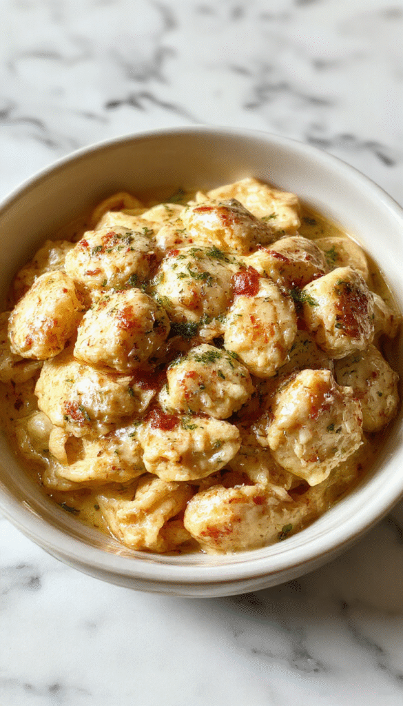 A vibrant plate of creamy Boursin chicken pasta garnished with fresh herbs, showcasing tender pasta coated in a rich, white cheese sauce with chunks of seasoned chicken, set on a rustic wooden table with a sprinkle of black pepper.