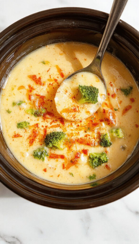 A steaming bowl of creamy broccoli cheese potato soup with vibrant green broccoli florets, topped with shredded cheese and fresh herbs, served in a rustic white bowl on a wooden table, with a side of crusty bread and a spoon, showcasing a hearty and velvety texture.