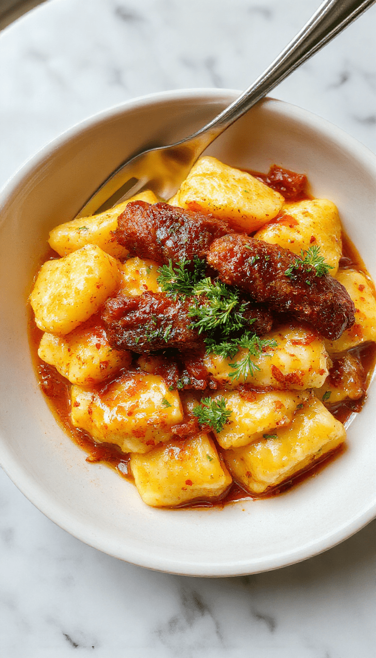 A close-up shot of golden-brown gnocchi made from vibrant orange butternut squash, served on a rustic white plate topped with sliced seared sausage, garnished with fresh thyme and a drizzle of creamy sauce. The dish is styled with a sprinkle of herbs, with a textured background of wooden table and fall-themed accents.