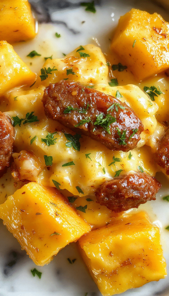 A close-up shot of golden-brown butternut squash gnocchi coated in a rich, creamy sauce with slices of cooked sausage on top, garnished with fresh herbs, presented on a rustic white plate, highlighting the tender gnocchi texture and vibrant fall colors.