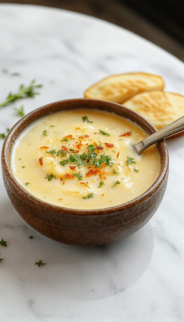 A steaming bowl of creamy potato soup topped with melted cheddar cheese, fresh chopped herbs, and crispy garlic bread crumbles on a rustic wooden table.
