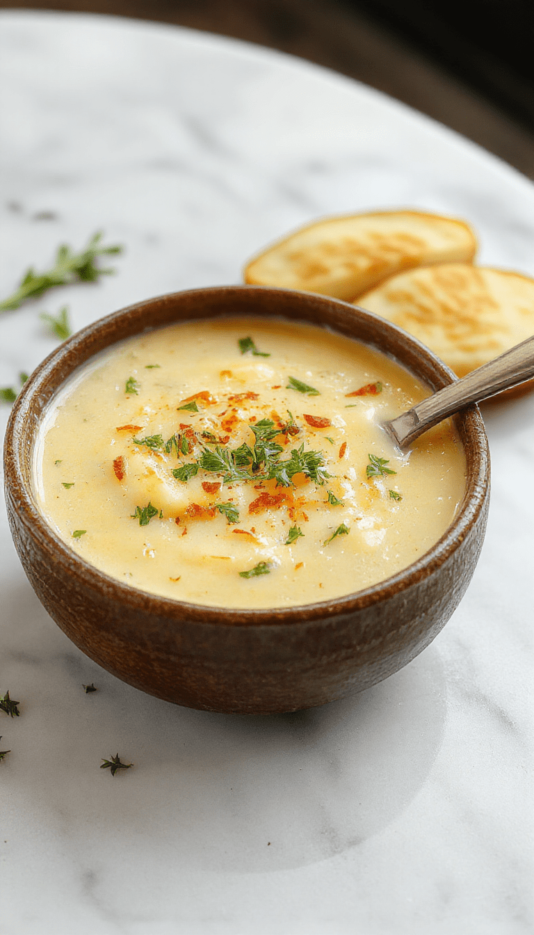 A steaming bowl of creamy potato soup topped with melted cheddar cheese, fresh chopped herbs, and crispy garlic bread crumbles on a rustic wooden table.