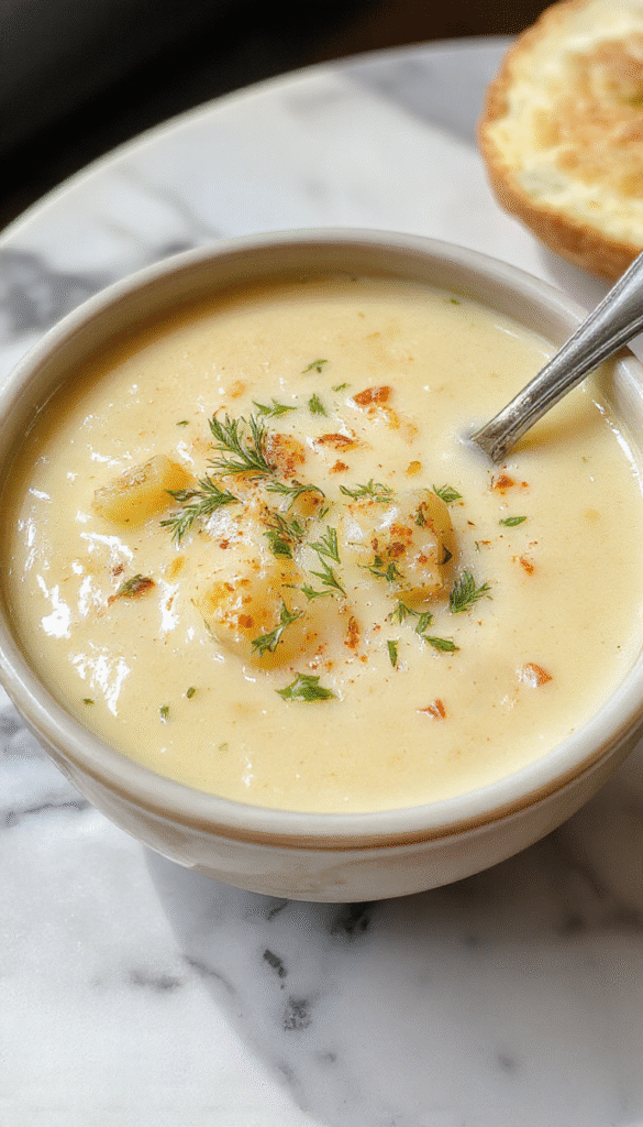 A bowl of creamy potato soup topped with melted cheddar cheese, fresh chopped herbs, and crispy garlic croutons, served with rustic bread on a wooden table.