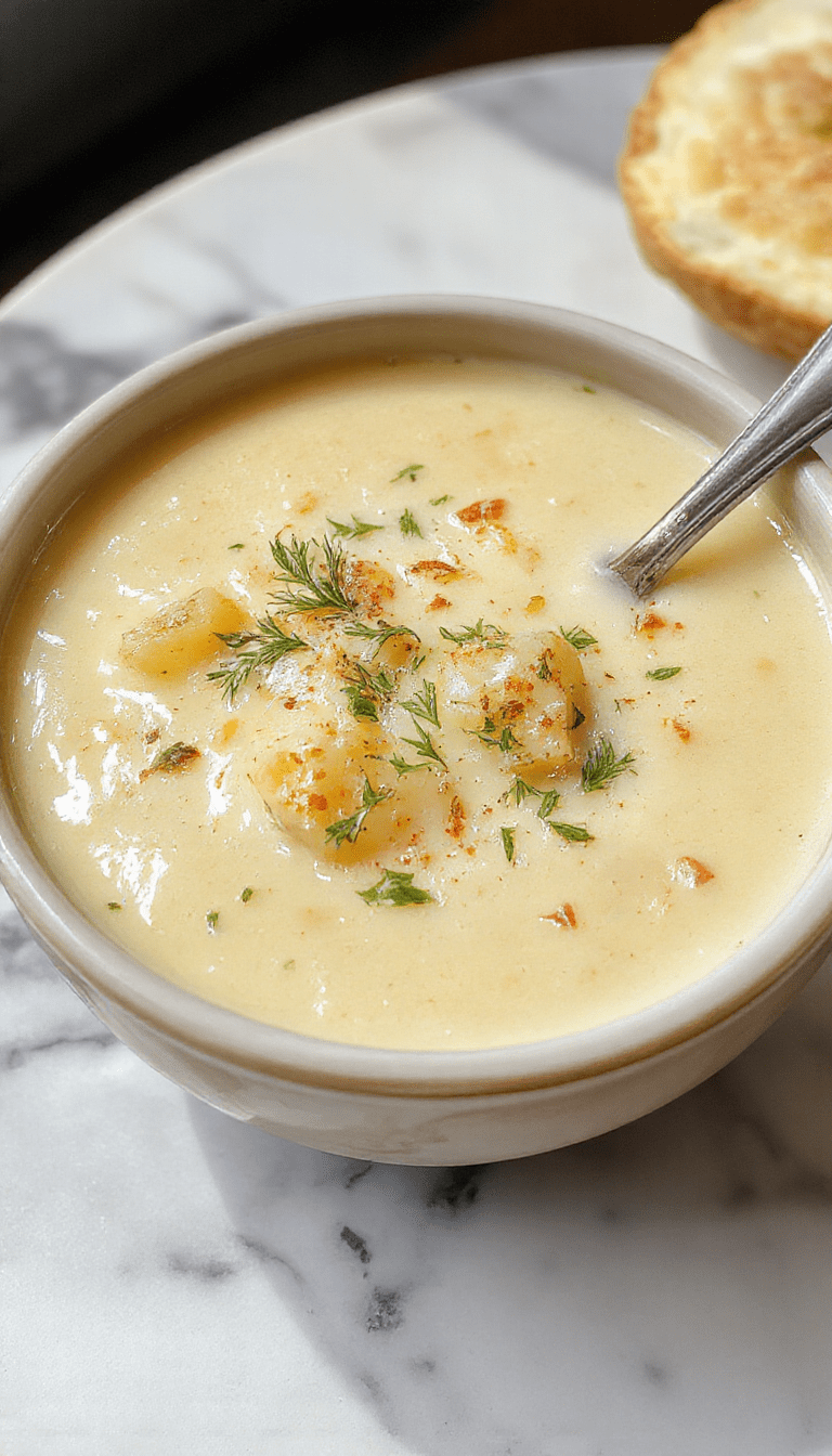 A bowl of creamy potato soup topped with melted cheddar cheese, fresh chopped herbs, and crispy garlic croutons, served with rustic bread on a wooden table.