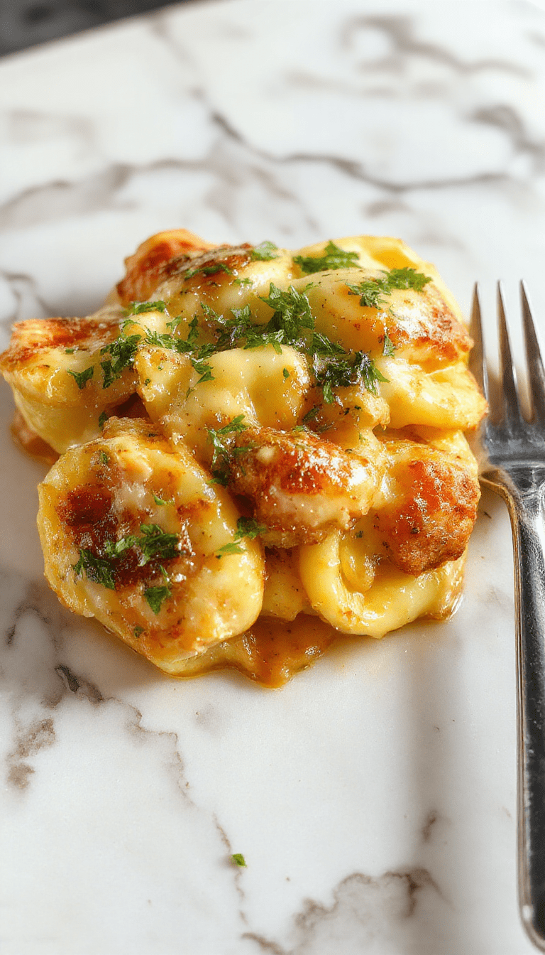 A vibrant white plate showcasing creamy tortellini pasta with melted cheese and tender chicken pieces, garnished with fresh herbs, set against a rustic wooden table with a drizzle of sauce for a rich, inviting look.