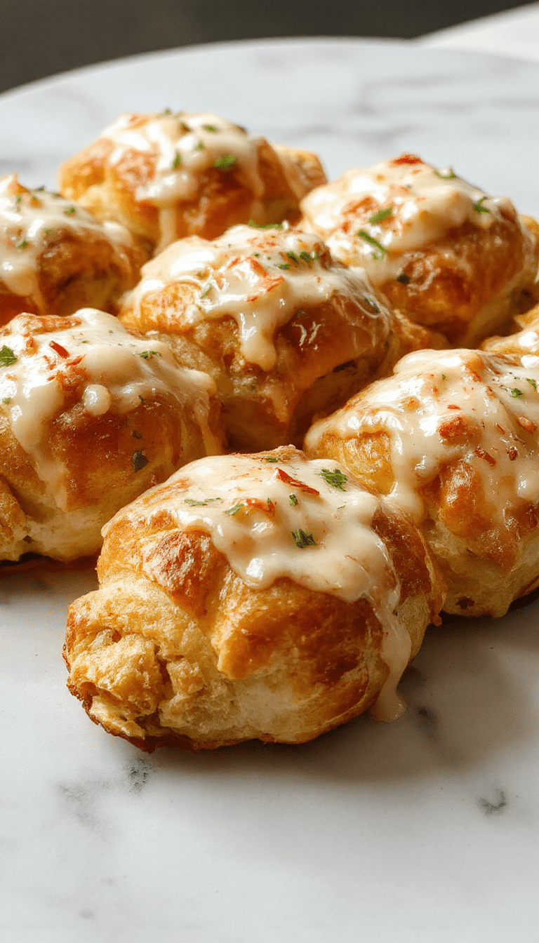 Colorful image of golden-brown cheesy chicken crescent rolls arranged on a white platter, garnished with fresh parsley. The rolls showcase crispy flaky layers with melted cheese oozing out, with a side of fresh green herbs and a dipping sauce in the background.