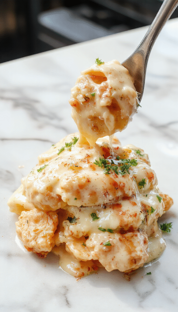 A close-up of a creamy chicken alfredo dish served in a white bowl, showcasing tender sliced chicken atop rich, smooth Alfredo sauce with a sprinkle of grated Parmesan, garnished with chopped parsley. The pasta glistens with a luscious sauce, set against a rustic wooden table with fresh herbs and garlic in the background, highlighting the comforting and indulgent appeal.