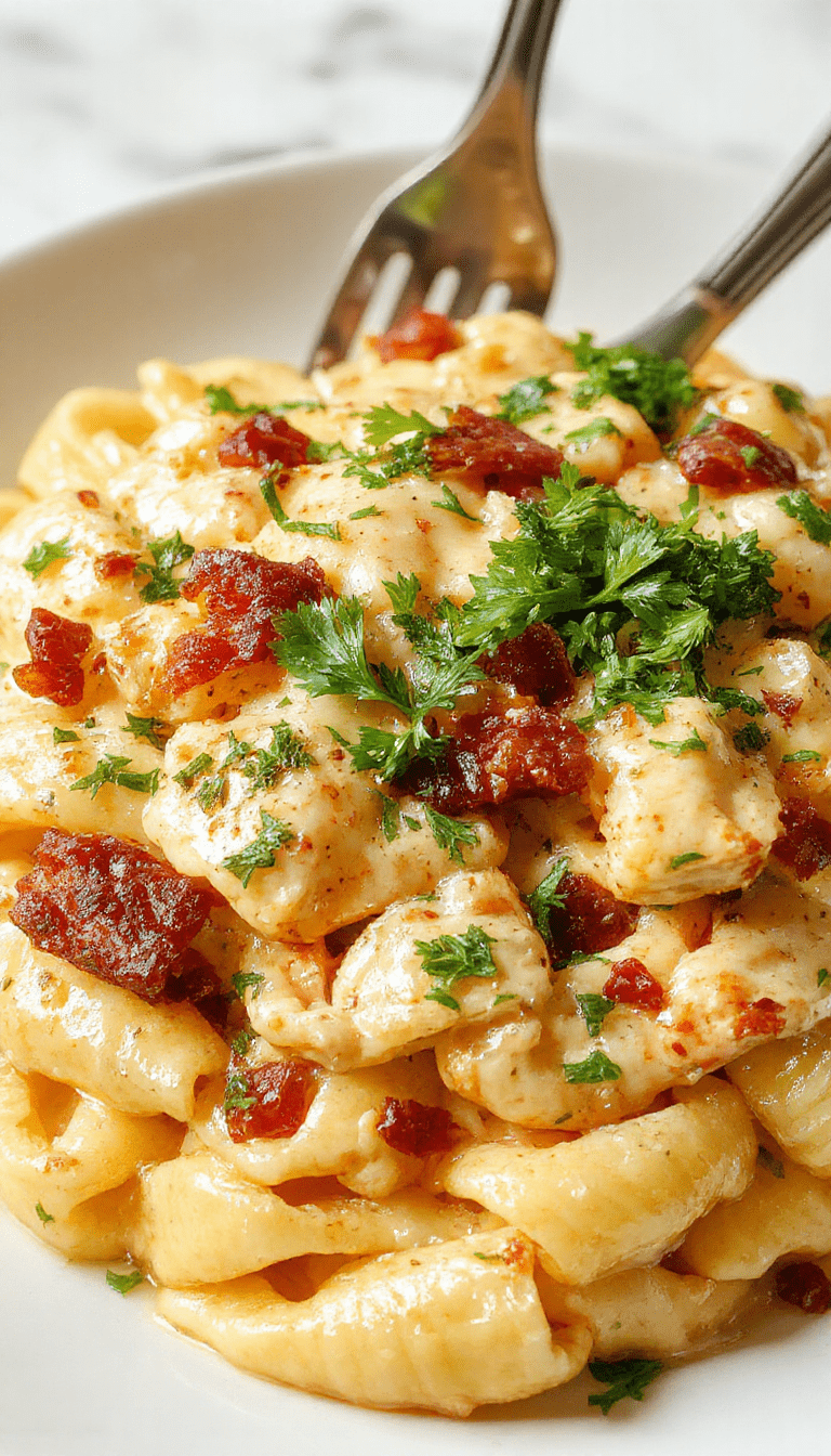 A vibrant plate of creamy chicken bacon ranch pasta featuring tender chicken pieces, crispy bacon, and al dente pasta coated in a rich, smooth ranch sauce. Garnished with chopped green herbs and served in a white dish on a rustic wooden table, with a drizzle of sauce and crunchy bacon pieces on top, styled for an inviting presentation.