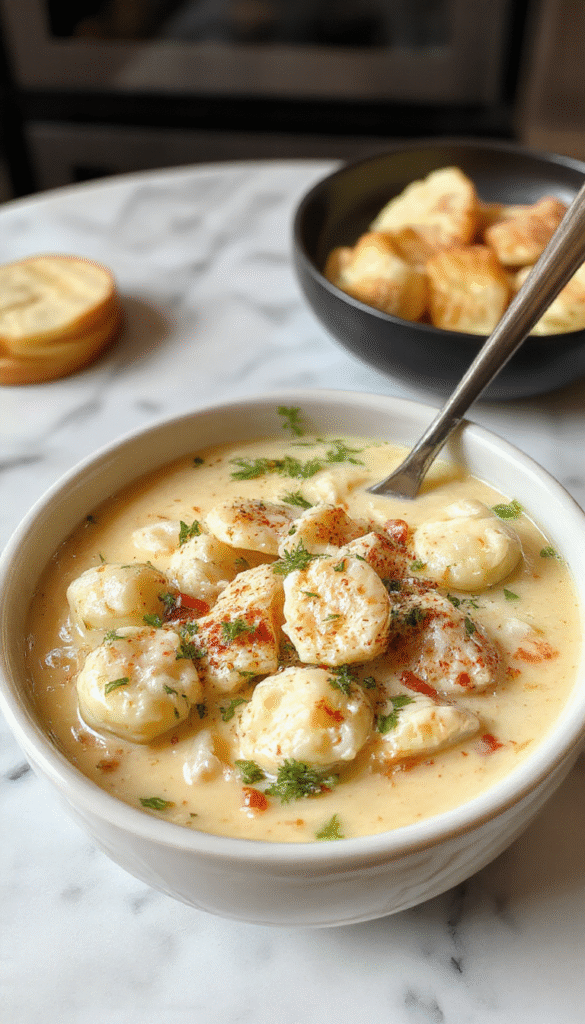 A close-up view of a creamy chicken gnocchi soup served in a white bowl. The soup has a rich, velvety texture with tender chicken pieces, soft gnocchi, and vibrant spinach leaves. Garnished with grated Parmesan cheese and a sprinkle of freshly chopped herbs, the presentation is warm and inviting with a rustic wooden background and a silver spoon resting beside the bowl.