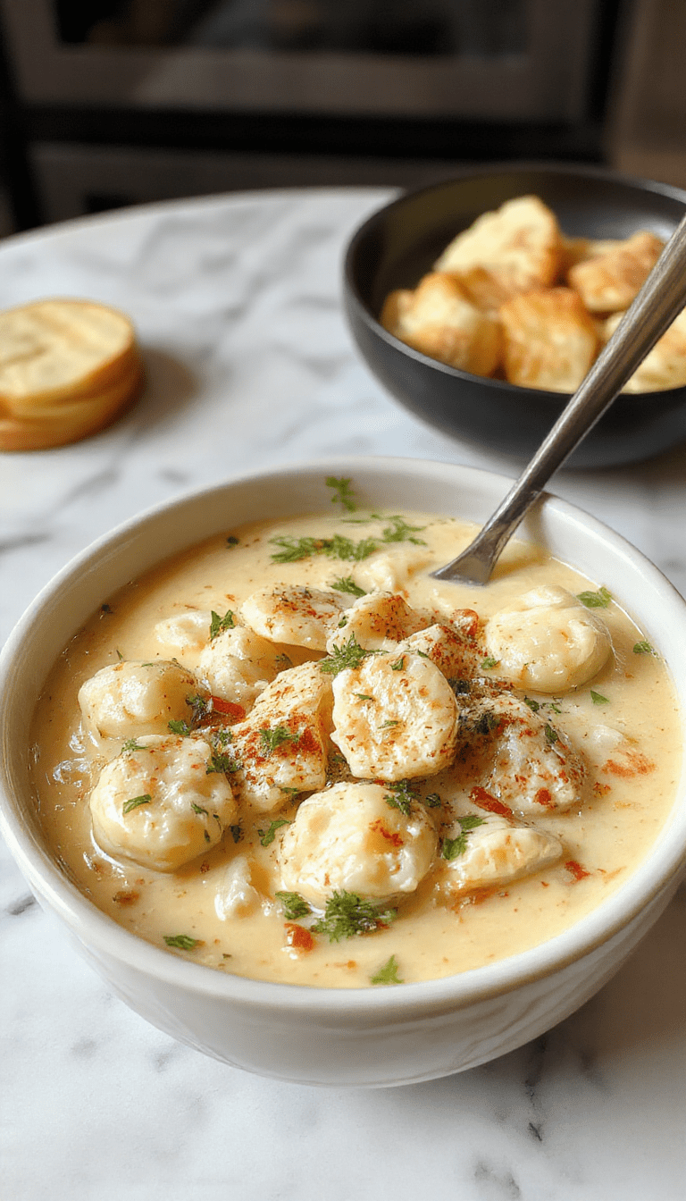 A close-up view of a creamy chicken gnocchi soup served in a white bowl. The soup has a rich, velvety texture with tender chicken pieces, soft gnocchi, and vibrant spinach leaves. Garnished with grated Parmesan cheese and a sprinkle of freshly chopped herbs, the presentation is warm and inviting with a rustic wooden background and a silver spoon resting beside the bowl.