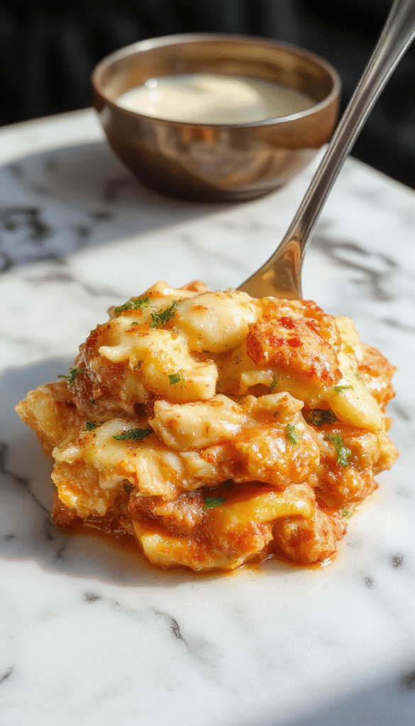 A vibrant image showcasing a bowl of creamy chicken pot pie pasta with golden, flaky crust crumbles on top, mixed with tender chicken, carrots, peas, and noodles, garnished with fresh herbs on a rustic wooden table.