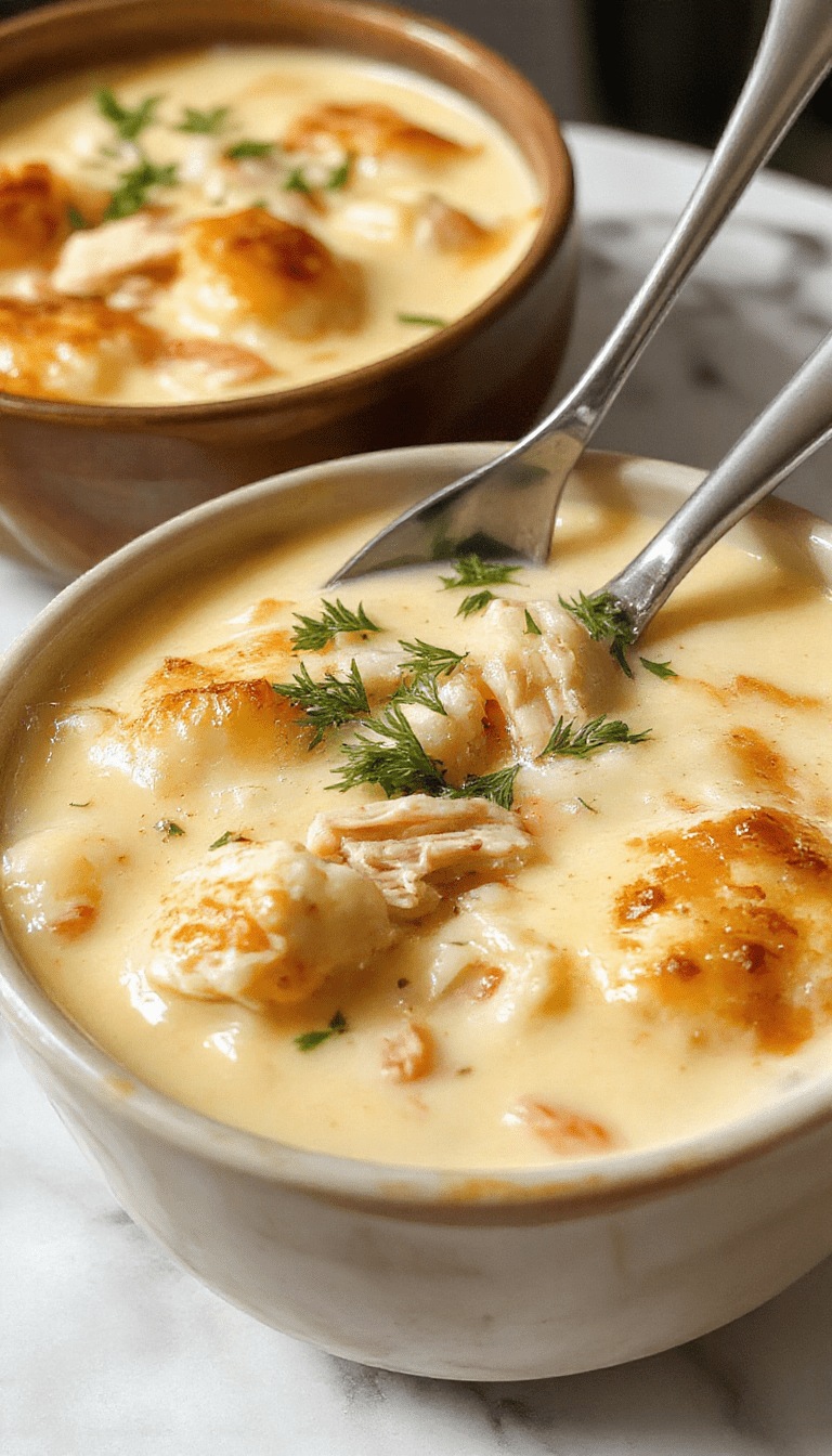 A steaming bowl of chicken pot pie soup with a golden crust topping, garnished with chopped herbs, served in a rustic white bowl on a wooden table, with fresh vegetables and a spoon nearby, showcasing the rich, creamy texture and hearty ingredients.