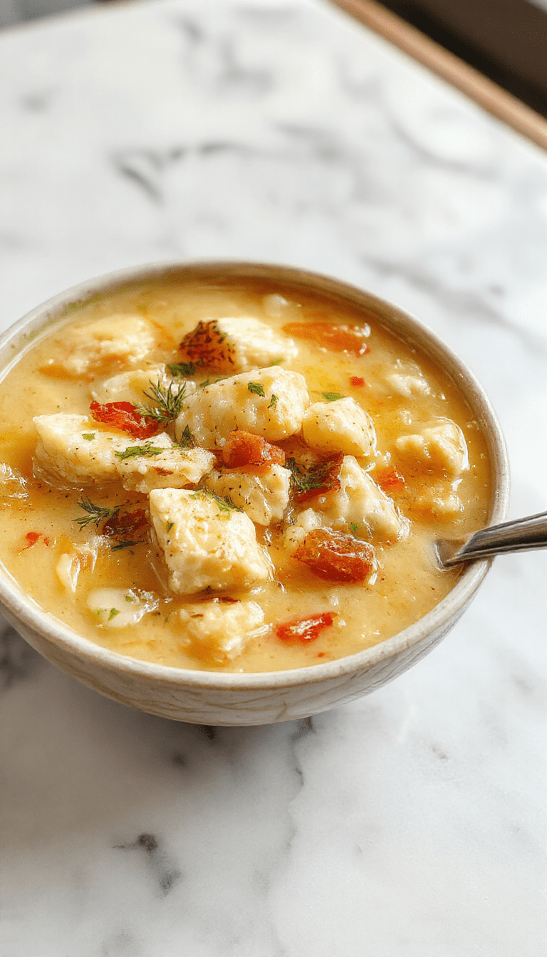 A steaming bowl of creamy chicken and rice soup with shredded chicken, tender rice, and a velvety broth topped with chopped herbs and a sprinkle of black pepper, served on a rustic wooden table