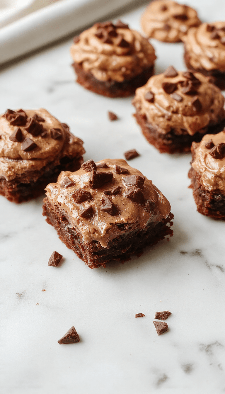 A close-up of a luscious chocolate mousse brownie slice showcasing rich, creamy layers topped with glossy chocolate ganache. The brownie has a cracked top texture with a smooth, velvety mousse layer inside, beautifully plated on a rustic wooden surface with a dusting of cocoa powder and fresh berries for garnish, styled with elegant silverware and soft natural lighting.