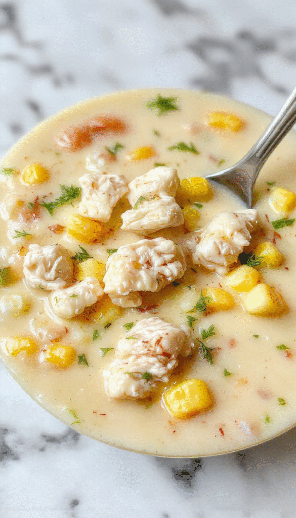 A steaming bowl of creamy chicken corn chowder with tender shredded chicken, bright yellow corn kernels, and diced potatoes, topped with a sprinkle of fresh herbs and drizzled with cream, set against a rustic wooden table with a spoon beside it.