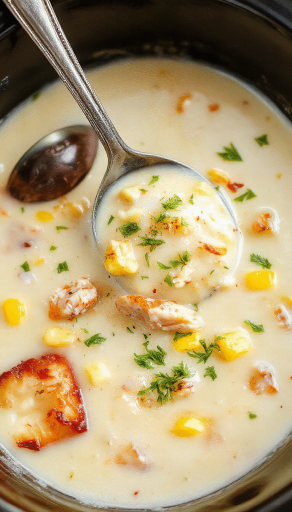 A steaming bowl of creamy chicken corn chowder topped with fresh chopped parsley and crispy bacon bits, surrounded by corners of a rustic wooden table with a spoon and a folded napkin. The chowder has a rich, golden-yellow color with chunks of tender chicken, sweet corn kernels, and a velvety texture, styled with a rustic touch and natural lighting highlighting the comforting appeal.