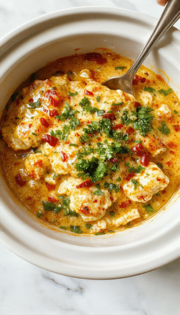 A vibrant plate showcasing a hearty chicken enchilada casserole with a golden melted cheese topping, garnished with fresh cilantro and slices of avocado, set on a rustic wooden table with a side of sour cream and salsa, highlighting the comforting textures and colorful presentation.