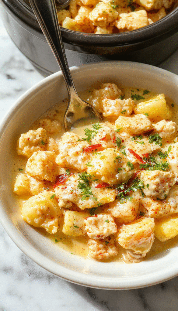 A close-up of a bubbling creamy chicken and tortellini dish in a rustic white bowl, garnished with fresh herbs, showcasing tender pasta and shredded chicken with a rich sauce, set against a wooden table with a spoon placed beside.