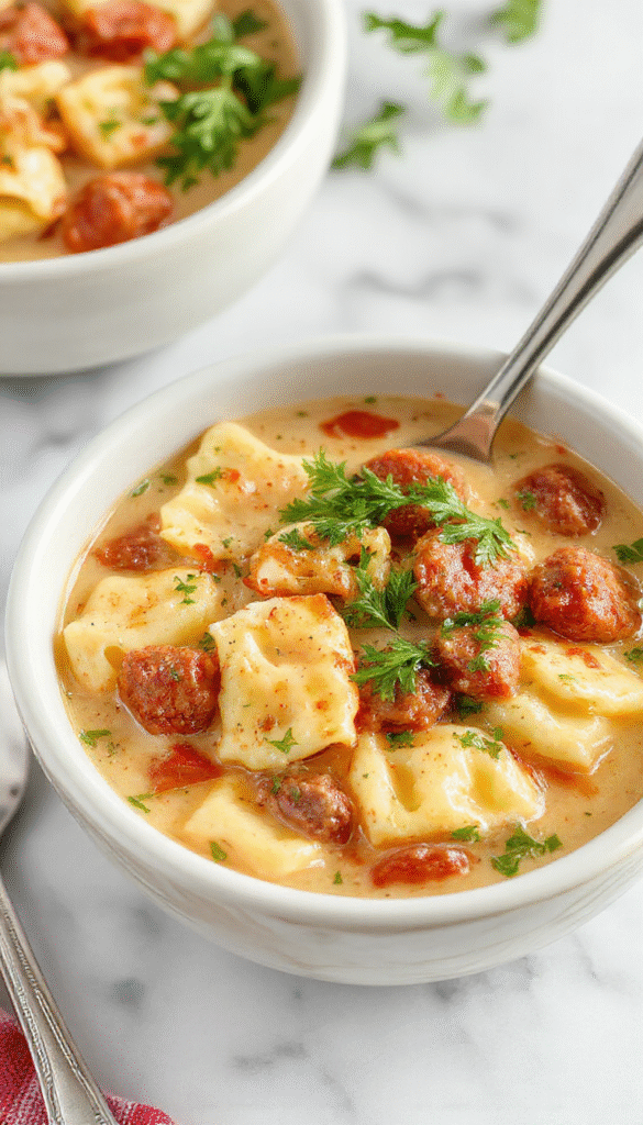 A vibrant bowl of creamy tortellini soup with sausage slices, fresh herbs, and melted cheese on top, surrounded by ingredients like tortellini, sausage, and vegetables, styled in a rustic white bowl on a wooden surface with a spoon and napkin.