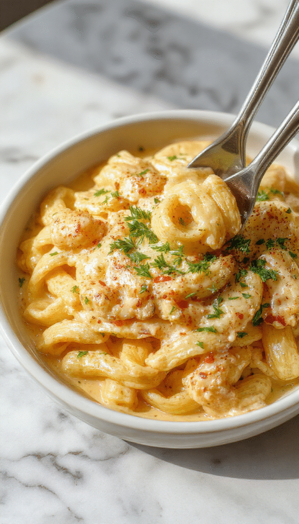 A close-up of a creamy garlic pasta served in a rustic white bowl, garnished with fresh parsley and grated Parmesan cheese, with a golden-brown garlic bread on the side, vibrant green herbs contrasting with the rich creamy sauce.