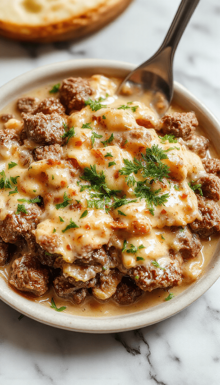 A close-up of a creamy beef stroganoff served in a rustic white bowl, garnished with fresh parsley, featuring tender ground beef in a rich, velvety mushroom sauce, surrounded by a cozy kitchen setting with a wooden table and a spoon resting on the side.