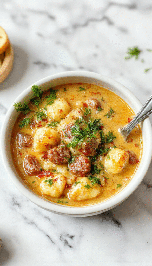 A vibrant bowl of creamy Italian sausage gnocchi soup featuring golden-brown sausage slices, soft fluffy gnocchi, fresh herbs, and a rich, creamy broth garnished with parsley and parmesan cheese, styled in a rustic white bowl on a wooden table with a sprinkle of herbs around.
