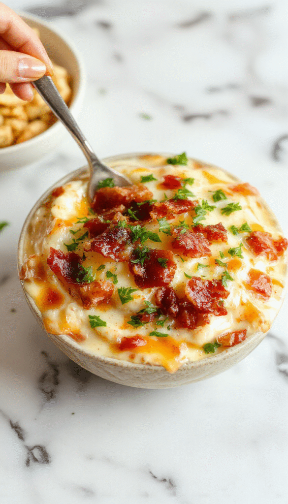 A close-up image of a vibrant cheese dip filled with crispy bacon bits and drizzled with maple syrup, served in a rustic white bowl on a wooden platter with fresh herbs and cracked black pepper for garnish, showcasing a golden brown crust and creamy texture, styled with colorful chips and vegetables around.
