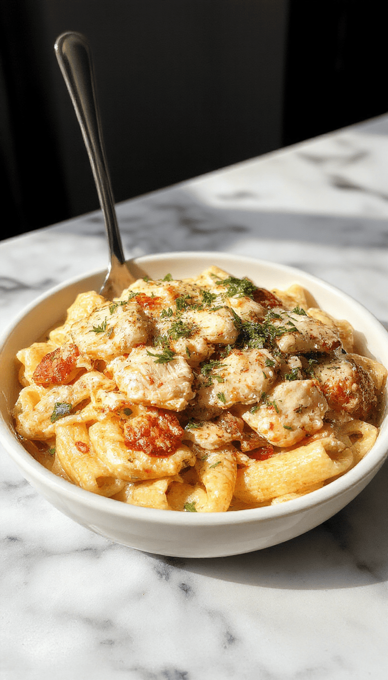 A close-up of a creamy chicken pasta dish on a rustic white plate, showcasing tender chicken chunks coated in a luscious white sauce, topped with fresh herbs, and accompanied by a side of colorful cherry tomatoes. The dish is styled with a sprinkle of grated cheese and placed on a wooden table, highlighting the rich textures and inviting colors.