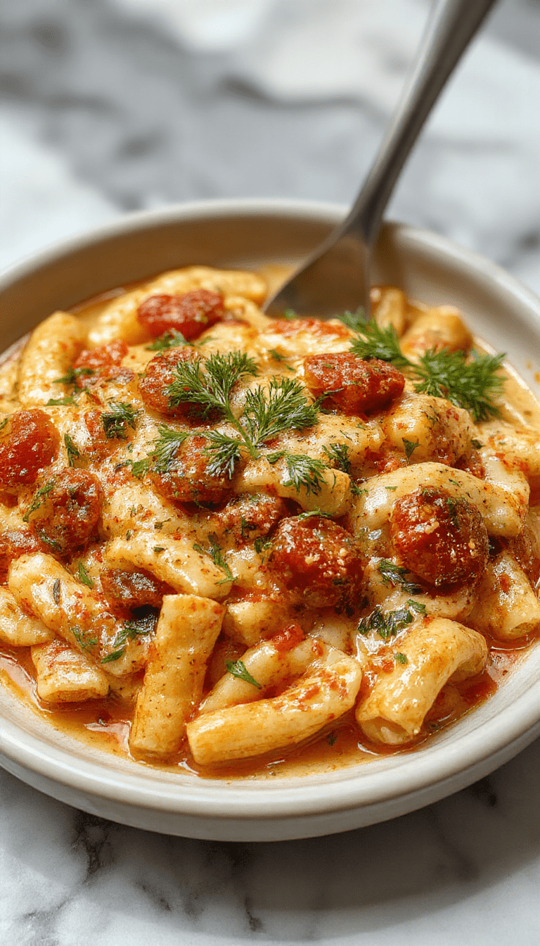 A vibrant bowl of creamy tomato pasta placed on a rustic wooden table. The pasta is coated in a rich, creamy tomato sauce with fresh basil leaves on top. The dish features a smooth, glossy texture with hints of red and green from the sauce and herbs, garnished attractively for a homestyle, inviting presentation.