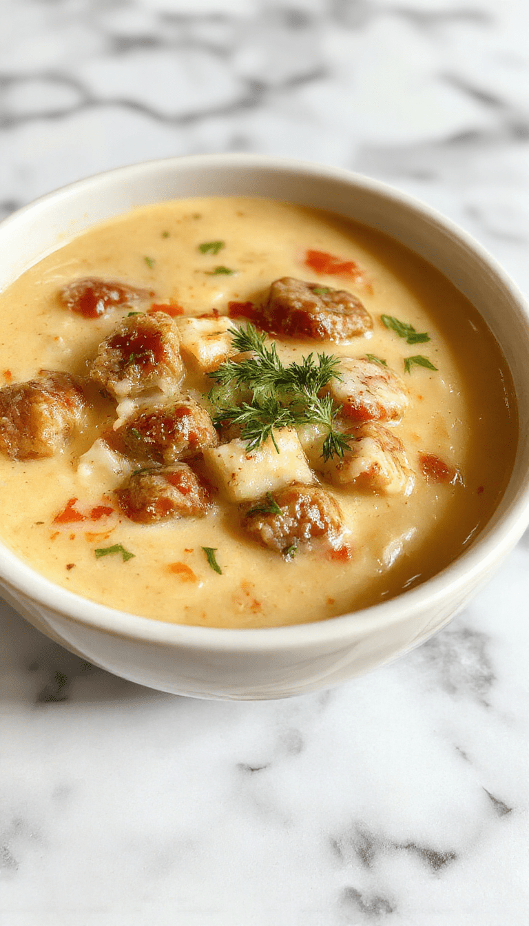 A steaming bowl of creamy parmesan Italian sausage soup garnished with fresh parsley and grated parmesan, showcasing tender sausage slices, vibrant green herbs, and a rich, velvety broth on a rustic wooden table.