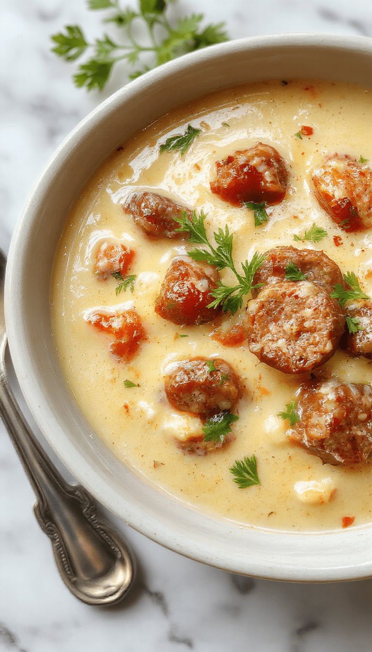 A vibrant bowl of Italian sausage soup featuring crumbles of browned sausage, melted cheese, fresh herbs, and sliced vegetables in a rich, golden broth on a rustic wooden table.