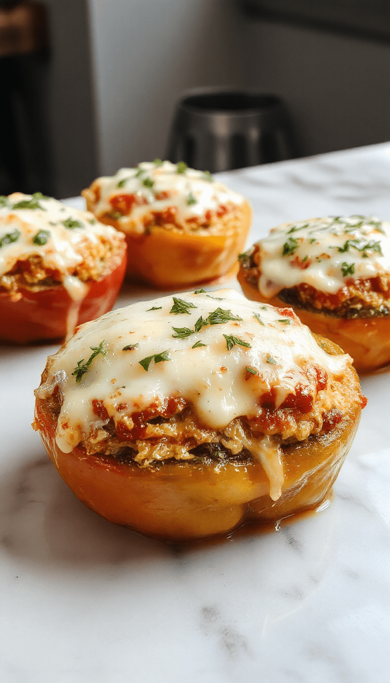 Colorful bell peppers filled with creamy ricotta cheese mixture, topped with herbs, arranged on a rustic wooden platter, showcasing vibrant reds, greens, and whites, with a glossy sauce drizzled over the peppers, styled with fresh herbs and a sprinkle of black pepper.