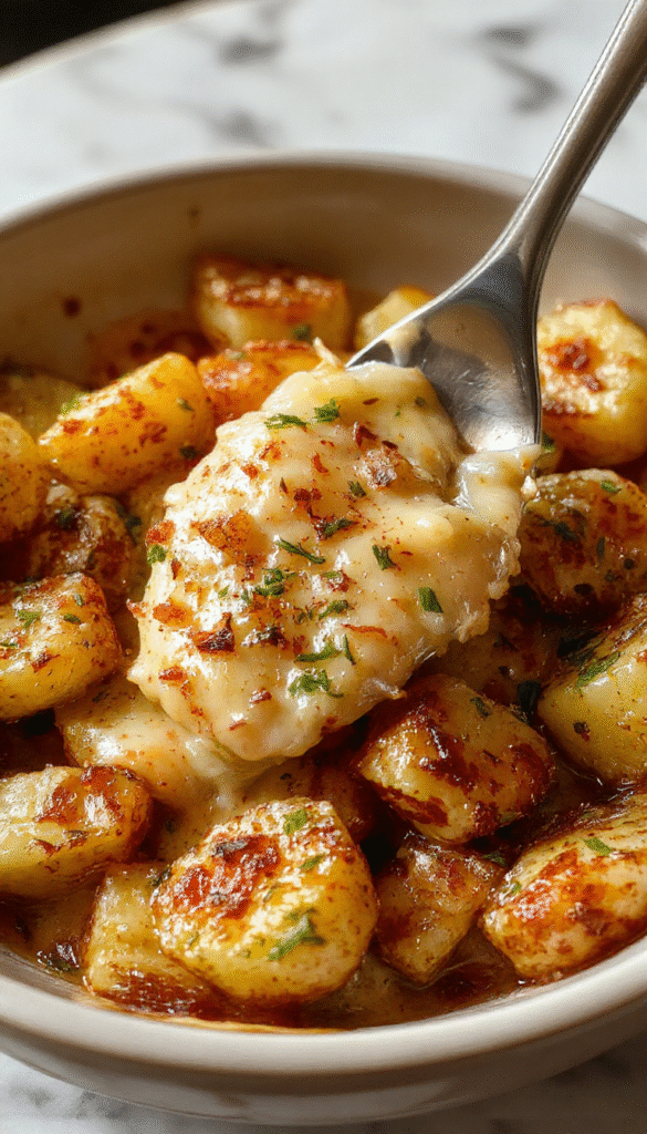 A close-up of a golden-brown potatoes au gratin dish with crispy cheese crust, topped with roasted garlic cloves and fresh herbs, beautifully plated in a rustic ceramic dish.