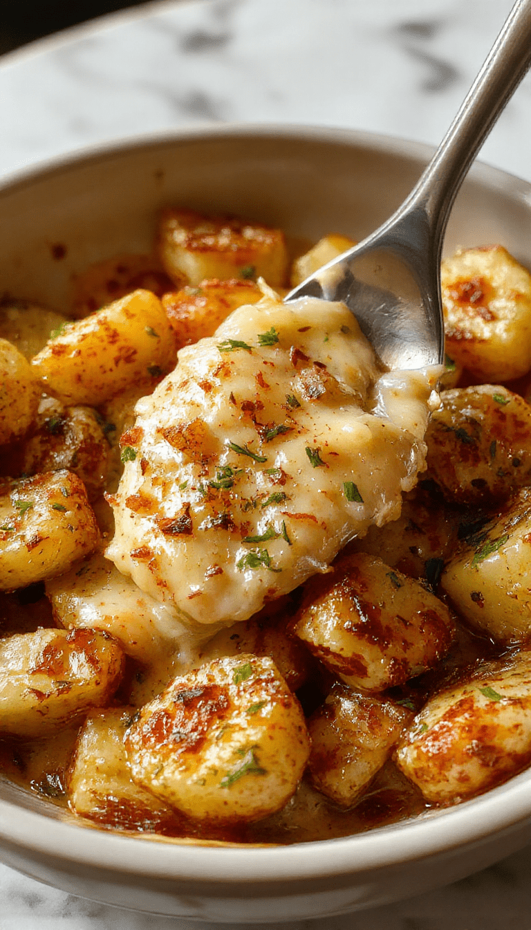 A close-up of a golden-brown potatoes au gratin dish with crispy cheese crust, topped with roasted garlic cloves and fresh herbs, beautifully plated in a rustic ceramic dish.