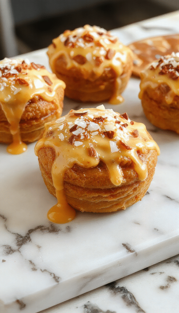 A beautifully arranged salted caramel dessert featuring a glossy, golden caramel sauce drizzled over a soft, buttery cake garnished with sea salt flakes and whipped cream, styled on an elegant white plate with a caramel spoon beside it, set against a warm, rustic background.