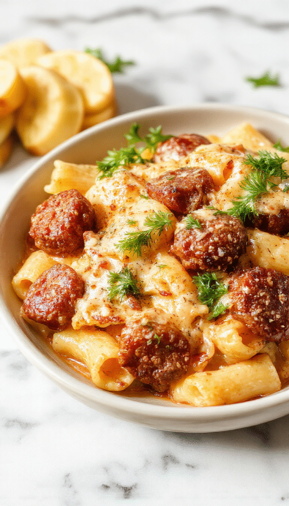 A close-up of creamy sausage rigatoni served in a rustic white bowl, topped with fresh chopped parsley and grated Parmesan cheese, with a glossy sauce coating each tube-shaped pasta piece, set on a wooden table with scattered herbs and a garlic bulb in the background.
