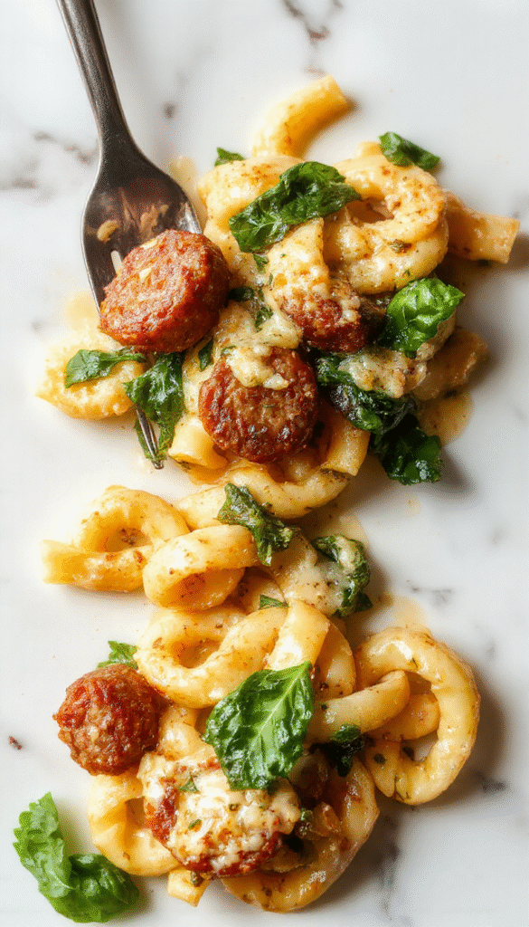 A vibrant plate of creamy sausage rigatoni showcasing golden-brown sausage slices tangled with al dente rigatoni, fresh bright green spinach leaves, and a rich tomato cream sauce topped with a sprinkle of grated cheese, all arranged elegantly on a rustic white plate with a sprig of fresh herbs for garnish.