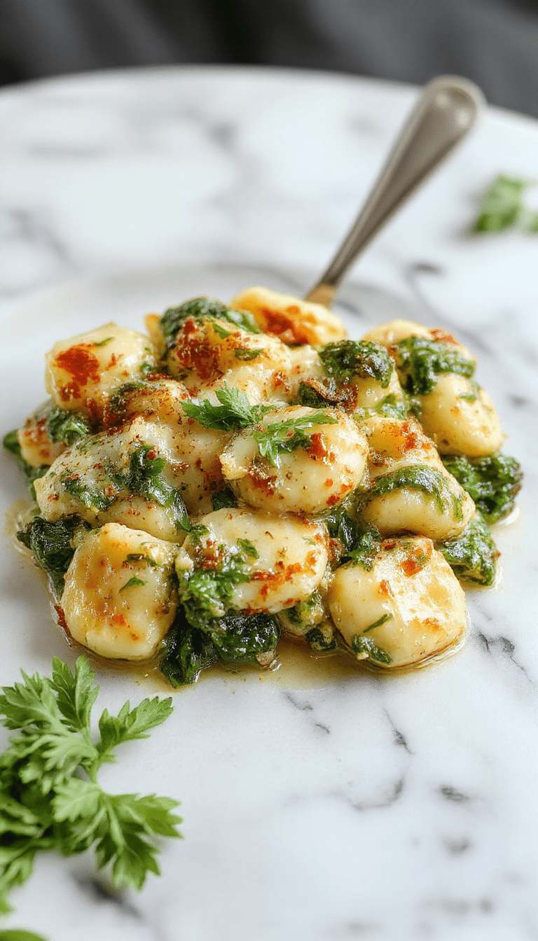 A vibrant bowl of baked gnocchi topped with rich green pesto sauce, fresh spinach leaves, golden crispy edges, and a sprinkle of parmesan cheese, styled on a rustic wooden platter with basil leaves.