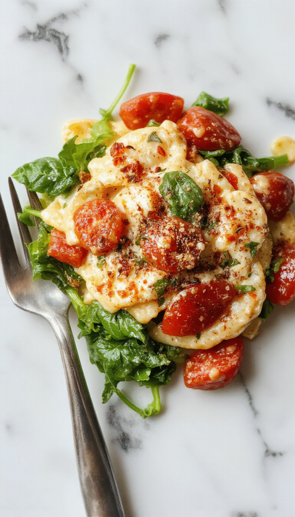 A vibrant plate of creamy spinach and ripe tomato pasta featuring al dente spaghetti coated in a velvety green spinach and red tomato sauce, garnished with fresh basil and grated cheese, styled on a rustic wooden table with fresh ingredients in the background.