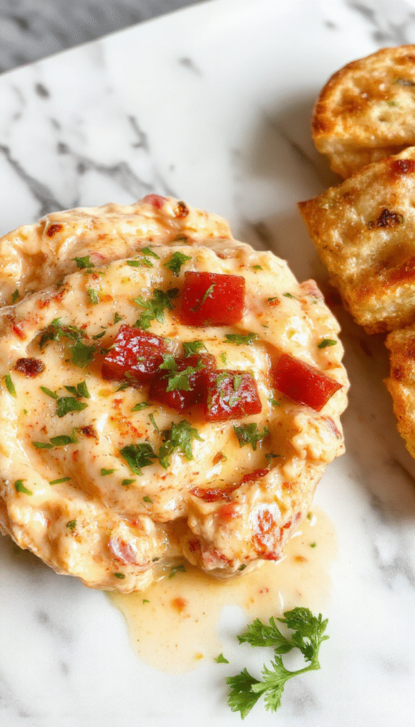A vibrant bowl of creamy tomato basil bruschetta dip garnished with fresh basil leaves and a drizzle of balsamic glaze, surrounded by toasted baguette slices with crispy edges, colorful cherry tomatoes, and a sprig of fresh herbs, styled on a rustic wooden platter with a blurred background.
